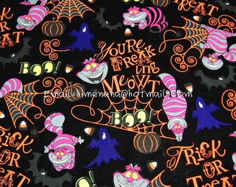 al014 - 1 Yard SDLP Cotton Woven Fabric - Disney Cartoon Characters, The Cheshire Cat and Halloween, Alice in Wonderland - Black (W140)