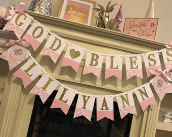 Baptism Banner - Christening Banner - First Communion Banner - Girls Baptism Banner - God Bless Banner - Girls Confirmation Banner