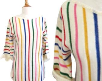 Vintage 1970's Striped Colorful Knit Sweater - Size Medium