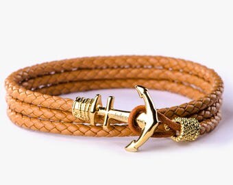 24K Gold plated Anchor bracelet,Caramel eather anchor bracelet,mens bracelet,mens anchor bracelet,boyfriend gift,bracelet homme