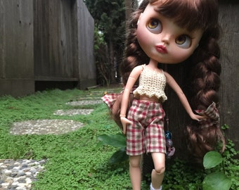 Plaid shorts blythe outfit, 12 inch doll clothes, summer doll wardrobe, doll shorts and tank top, summer doll clothes, blythe board shorts