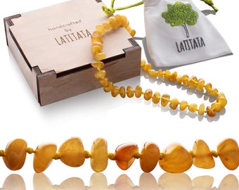 Certified Natural Baltic Amber Teething Necklace - Polished Stone Beads - Pain Relief Jewelry For Babies & Toddlers - Knotted, Unisex Design