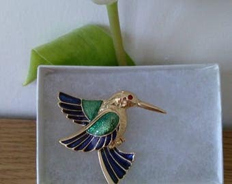 Vintage Gold Tone Enamel Kingfisher/Humming Bird Brooch - Boxed