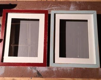 set- hand painted and distressed wood shadow boxes robin's egg and rustic red