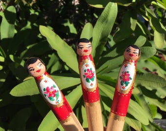 Red Babushka hand painted wooden peg dolls
