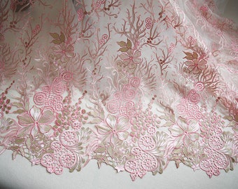 One Meter Luxurious Embroidered Floral Pink Gold Lace Fabric Girl Women Wedding Dress Skirt LS001
