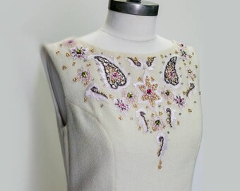 Cream embroidered wool boucle column dress