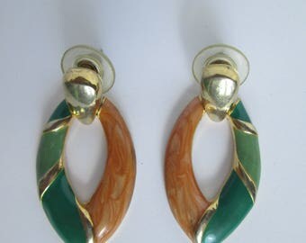Vintage Earrings Dangle Green Brown Gold Bijouterie 90s Enamel Metal Summer Elegant Jewelry
