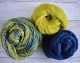 Merino Wool Roving Pack - Blended Wool Roving - Mixed Pack - Olive Green - Navy Blue - Wool for Spinning - Wool for Felting - Fibres