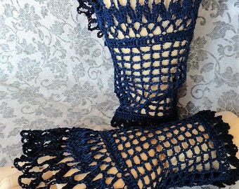Black Navy Blue Two Toned Victorian Mourning Steampunk Gothic Noir Crochet Lace Wrist Cuffs
