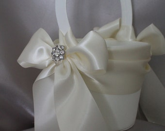 WHITE or IVORY Satin Flower Girl Basket with Satin Sash and Satin Bows/Rhinestone Accent