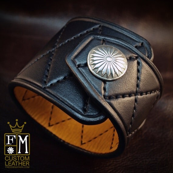 Black Leather Cuff Custom Quilted harlequin Handstitched Luxury wristwear made for YOU in NYC by Freddie Matara