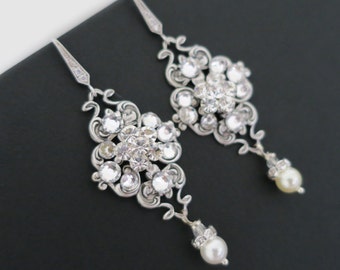 Bridal Earrings Vintage, Wedding Earrings Chandelier, Pearl Dangle Earrings, Wedding Jewelry for Brides, Sterling Silver, Swarovski Pearl