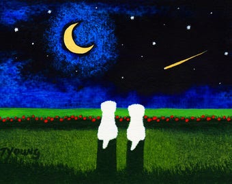 Maltese Dog Bichon Frise Folk Art print by Todd Young painting STARRY BEACH
