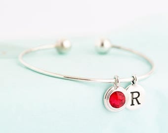 Charm Bracelet - Sterling Silver Bracelet - Birthstone Initial Bangle - Modern Bracelet - Simple Bracelet - Bangle Bracelet