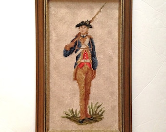 Minuteman Needlepoint Vintage Framed militia petit point Needlepoint 70s