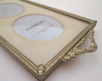 Vintage Metal Photo Frame, reverse painted glass, 3x4 frame, Art Deco, Gold Wedding Frame, multiple photo frame, small oval frame, quadruple
