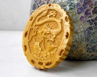 Carved Bone Pendant Vintage Chinese Dragon Fish Antiqued Bone Ethnic Pendant For Jewelry Making