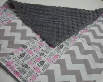 Owl Medley Minky Receiving Blanket 13 x 18 READY TO SHIP On Sale