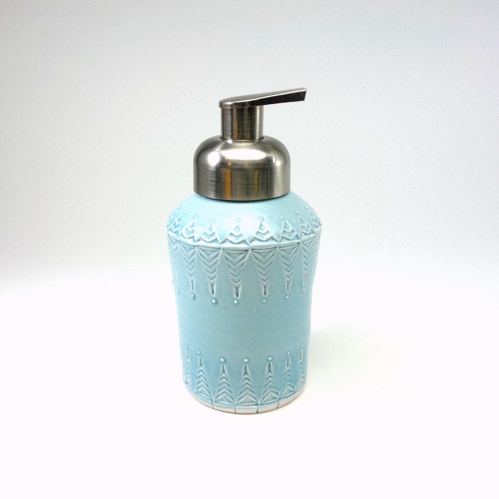 Blue glazed porcelain foam soap dispenser with stamped and