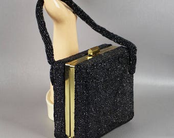 Vintage 1950s Handbag Black Beaded Box Purse