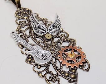 Steampunk jewelry. Steampunk guitar pendant necklace.