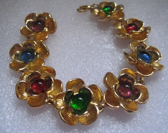 Andrew Spingarm Flowers Link Bracelet with Gripoix Poured Glass Centers 24K Gold Plated