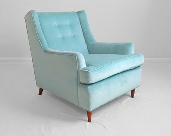 20% SALE 2 mid century modern AQUA blue velvet tufted club chairs