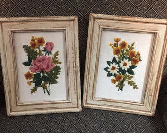 Set of 2 Upcycled Shabby Chic Farmhouse Chippy Frames with Flower Embroidery Free Shipping!