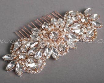 Rose Gold Hair Comb, Rose Gold Bridal Headpiece, Rhinestone Wedding Hair Accessory - Belita
