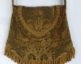 Old World Tapestry of Sage and Gold Renaissance Bag Large Fringe Bag Boho Fringe Bag Bohemian Purse Cross Body Hippie Bag