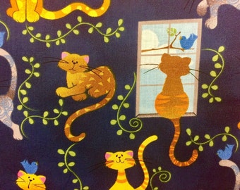 Yellow Cats Navy Blue Valance Topper New Window Curtain Treatment Cotton Fabric 42"W x 15"L