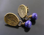 Lapis Lazuli Earrings, Wire Wrapped Stud Earrings, Lapis Lazuli Jewelry, Bronze Studs, Sodalite Earrings, Something Blue, E1984