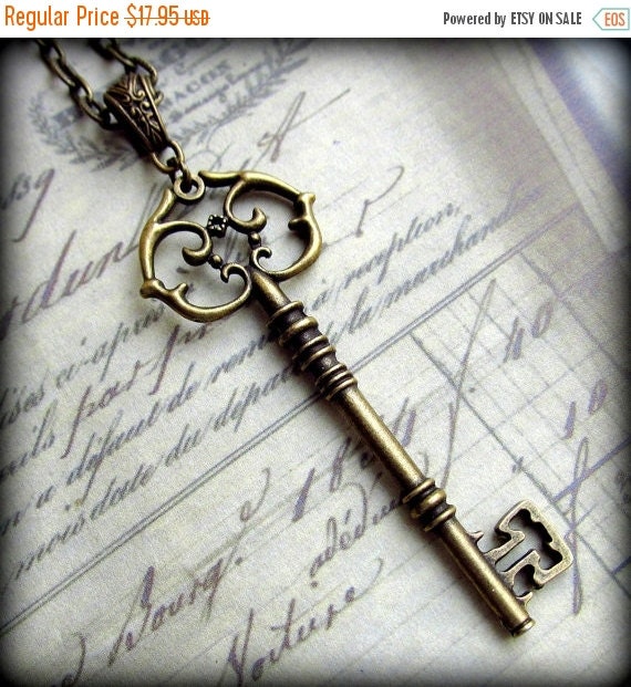 Large Skeleton Key Necklace in Antique Brass by ValentineStudios