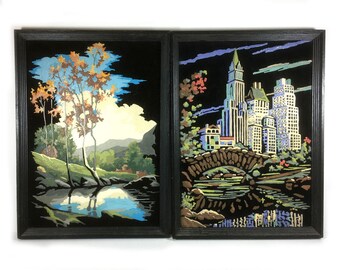 Vintage Paint-by-Number Pair, Black Velvet, Black Wood Park, New York City - Central Park, Country Scene with Lake and Trees