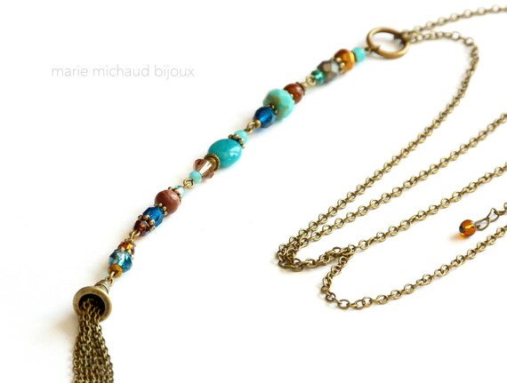Y necklace,Boho necklace,Long boho necklace,Turquoise brown necklace,Original boho necklace,Romantic necklace,Turquoise tassel necklace
