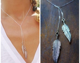 Sterling silver feather lariat, y necklace, feather necklace, free spirit, nature, boho, hippie chic, bohemian, otis b, birds of a feather