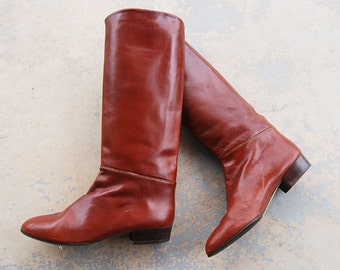 vintage 1980s Riding Boots - 80s Chestnut Brown Knee High Leather Boots Equestrian Boots Sz 8.5 39