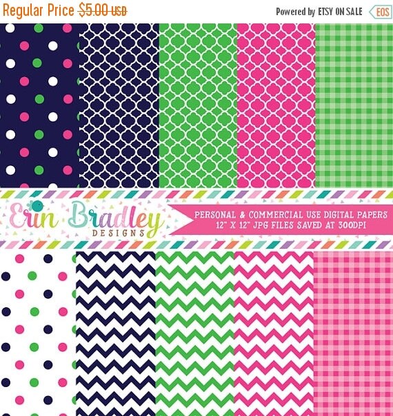 50% OFF SALE Digital Scrapbook Papers Personal and Commercial Use Preppy Navy Blue Pink and Green Il_570xn