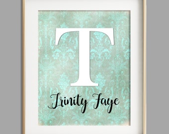Personalized baby girl nursery wall art gray teal robins egg blue nursery decor custom name print gift for baby new mom gift damask nursery