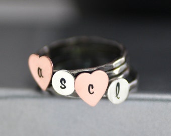 Custom Heart Stack Ring Set, Personalized Stack Rings, Sterling Initial Rings, Hammered Rings, Heart Ring, Bride Rings, Mothers Rings