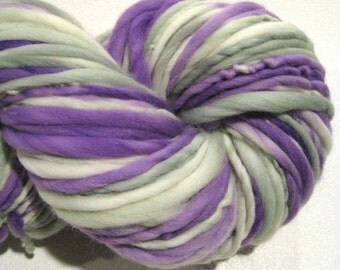 Bulky Handspun Yarn, White Washed Lilacs 124 yards, hand dyed merino wool purple green yarn knitting supplies, crochet supplies