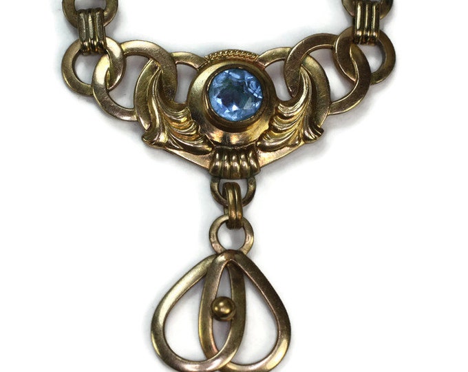 Simulated Blue Gemstone Pendant Necklace Gold Filled Art Nouveau Style Vintage