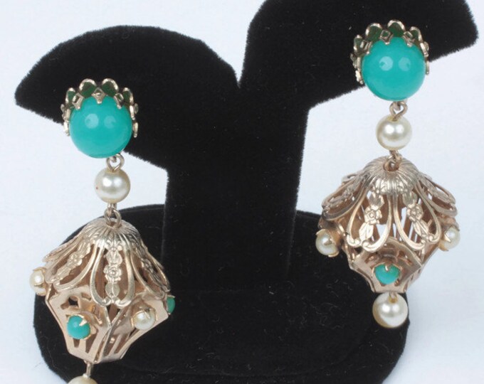Faux Turquoise Faux Pearl Chunky Dangle Earrings Asian Lantern Filigree