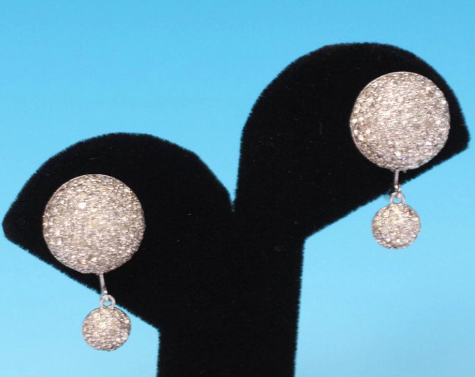 Pave Rhinestone Crystal Earrings Domed Dangle Clip Style