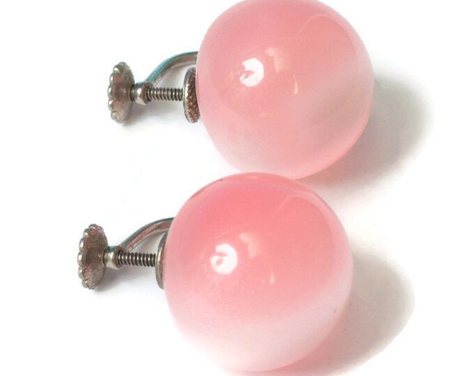 Pink Moonglow Earrings Large Round Lucite Earrings Sterling Findings Screw Back Mid Century