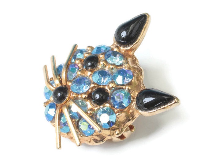 Blue AB Rhinestone Kitty Cat Pin Brooch Designer Vintage