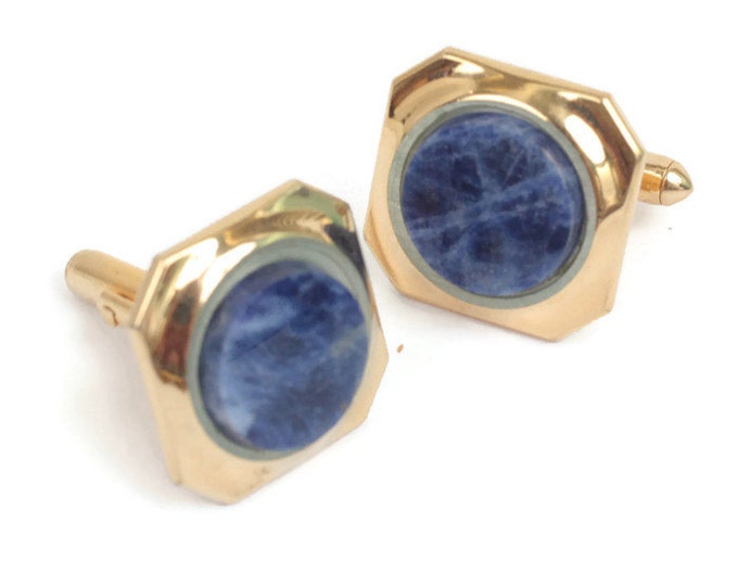Sodalite Cuff Links Gold Tone Squared Swivel Backs Blue Gemstone Vintage