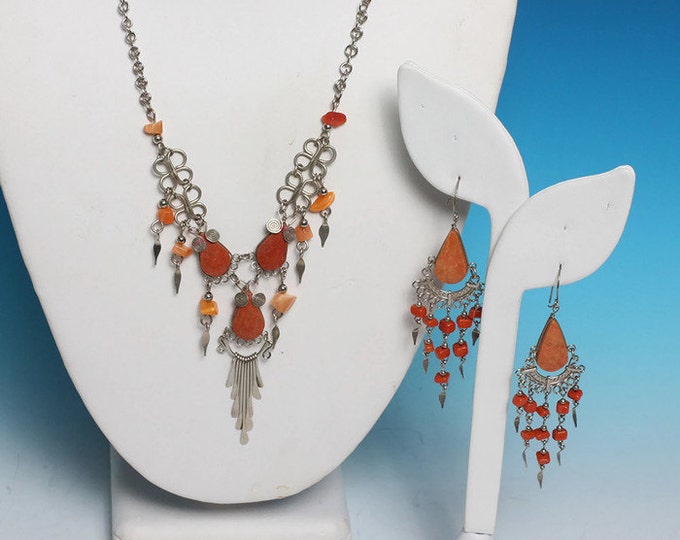 Orange Stone Boho Necklace Earrings Beads Dangles Vintage Tribal Artisan