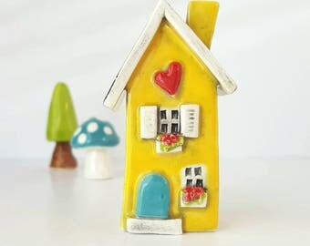 Yellow House with Turquoise Door | Little Clay House | Miniature House | Whimsical Clay house | Yellow Fairy House | Yellow Clay Cottage